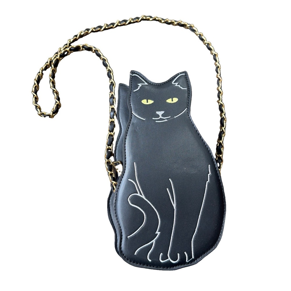 Crossbody Black Cat Bag Gold Tone Chain Embroidered Faux Leather Halloween Lady